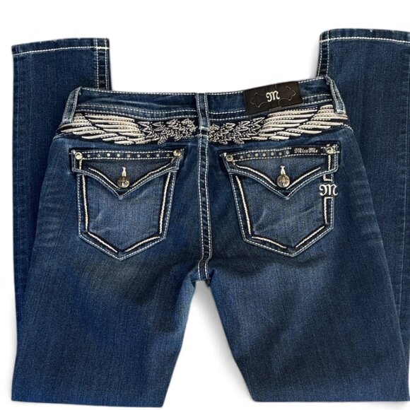 Miss Me Denim - Miss Me Dark Blue Midrise Skinny Jeans with Embellished Pockets Size 28